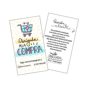 Cartão de Agradecimento Couchê 250g 9x5cm Impressão Colorida Frente Verniz UV Total Frente Corte Reto 