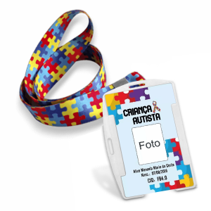 Kit Cordão + Crachá de Identificação Autismo Crachá PVC  Impressão Colorida Plástico Compacto 75g Cordão 20mm Acompanha Porta Crachá
